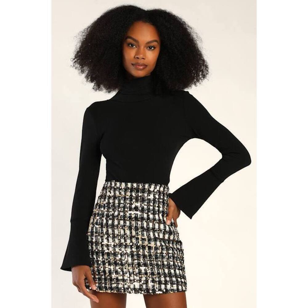 Lulus Bubbly Vibe Black White And Gold Sequin Boucle Mini Skirt - Size XL